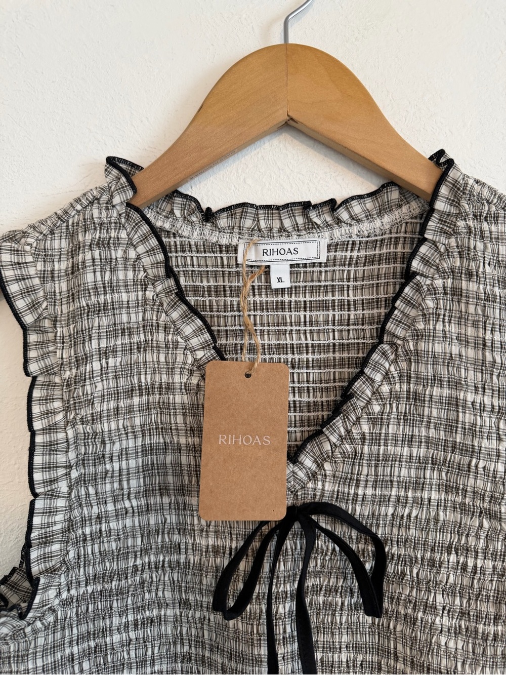 RIHOAS Black V Neck Plaid Midi Dress Smocked Gingham Bow NWTS XL - Picture 4 of 8